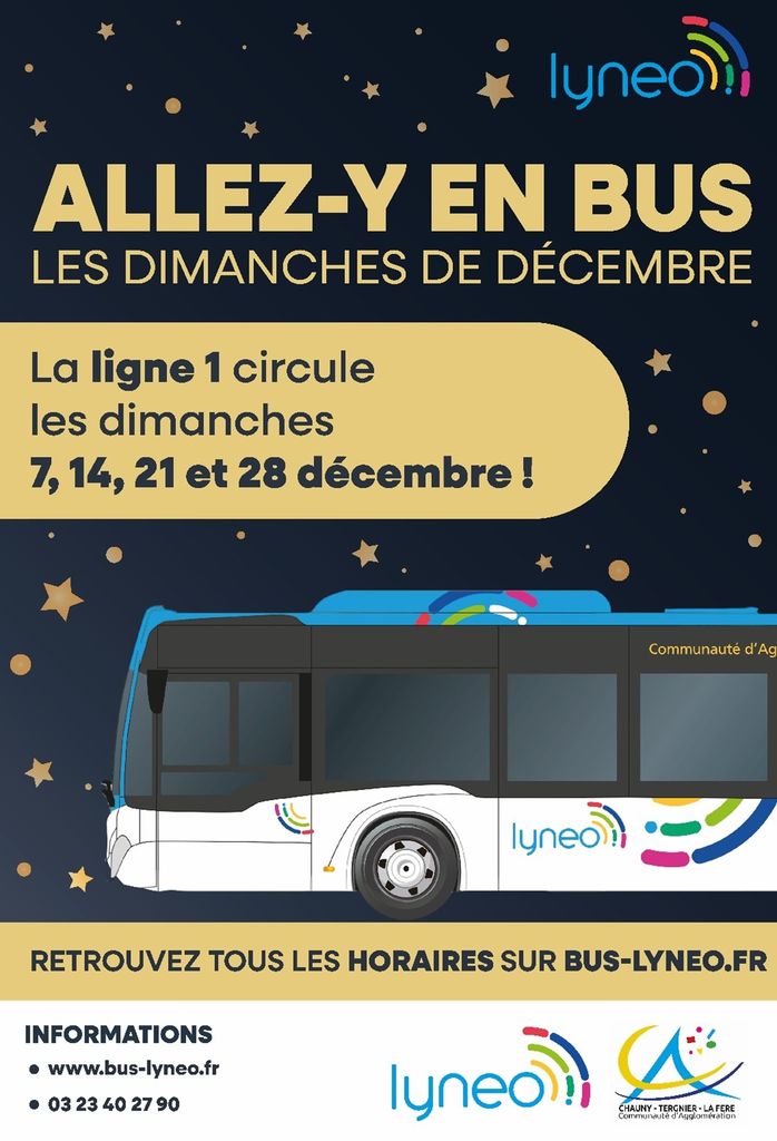 Lyneo la ligne 1 circule les dimanches de décembre -Communauté d'agglomération Chauny Tergnier La Fère Lyneo la ligne 1 circule les dimanches de décembre -Communauté d'agglomération Chauny Tergnier La Fère