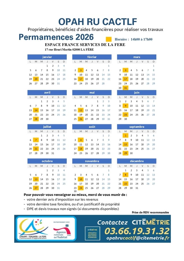 Planning permanences - OPAH RU CACTLF 2026 - Communauté d'Agglomération Chauny Tergnier La Fère Planning permanences - OPAH RU CACTLF 2026 - Communauté d'Agglomération Chauny Tergnier La Fère