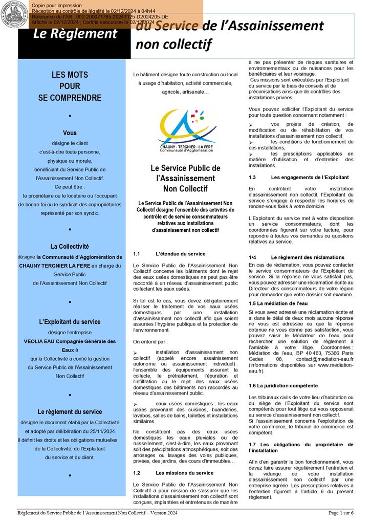 Règlement d’assainissement non collectif- ANC - Communauté d'agglomération Chauny Tergnier La Fère Règlement d’assainissement non collectif- ANC - Communauté d'agglomération Chauny Tergnier La Fère