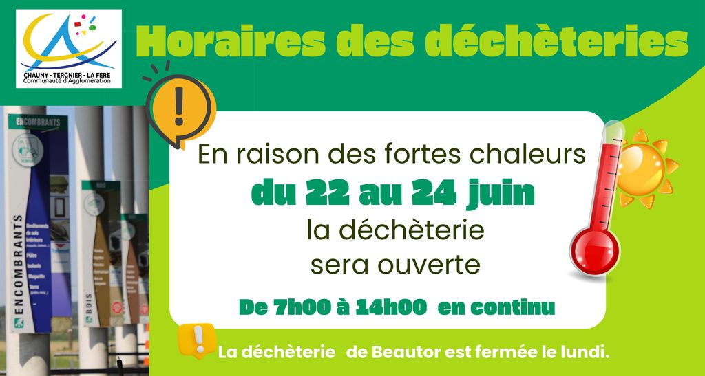 adaptation des horaires dans les déchèteries de l’Agglomération -- Communauté d'agglomération Chauny Tergnier La Fère adaptation des horaires dans les déchèteries de l’Agglomération -- Communauté d'agglomération Chauny Tergnier La Fère