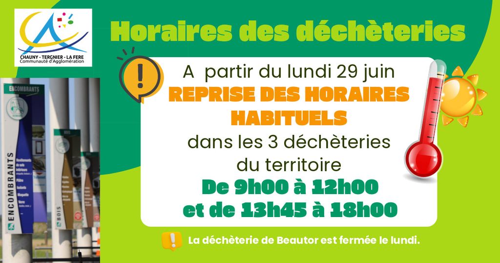 horaires déchèterie reprise - Communauté d'agglomération Chauny Tergnier La Fère horaires déchèterie reprise - Communauté d'agglomération Chauny Tergnier La Fère