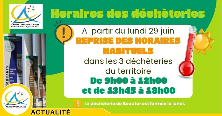 Mise à jour reprise des horaires déchèterie – Fortes chaleurs