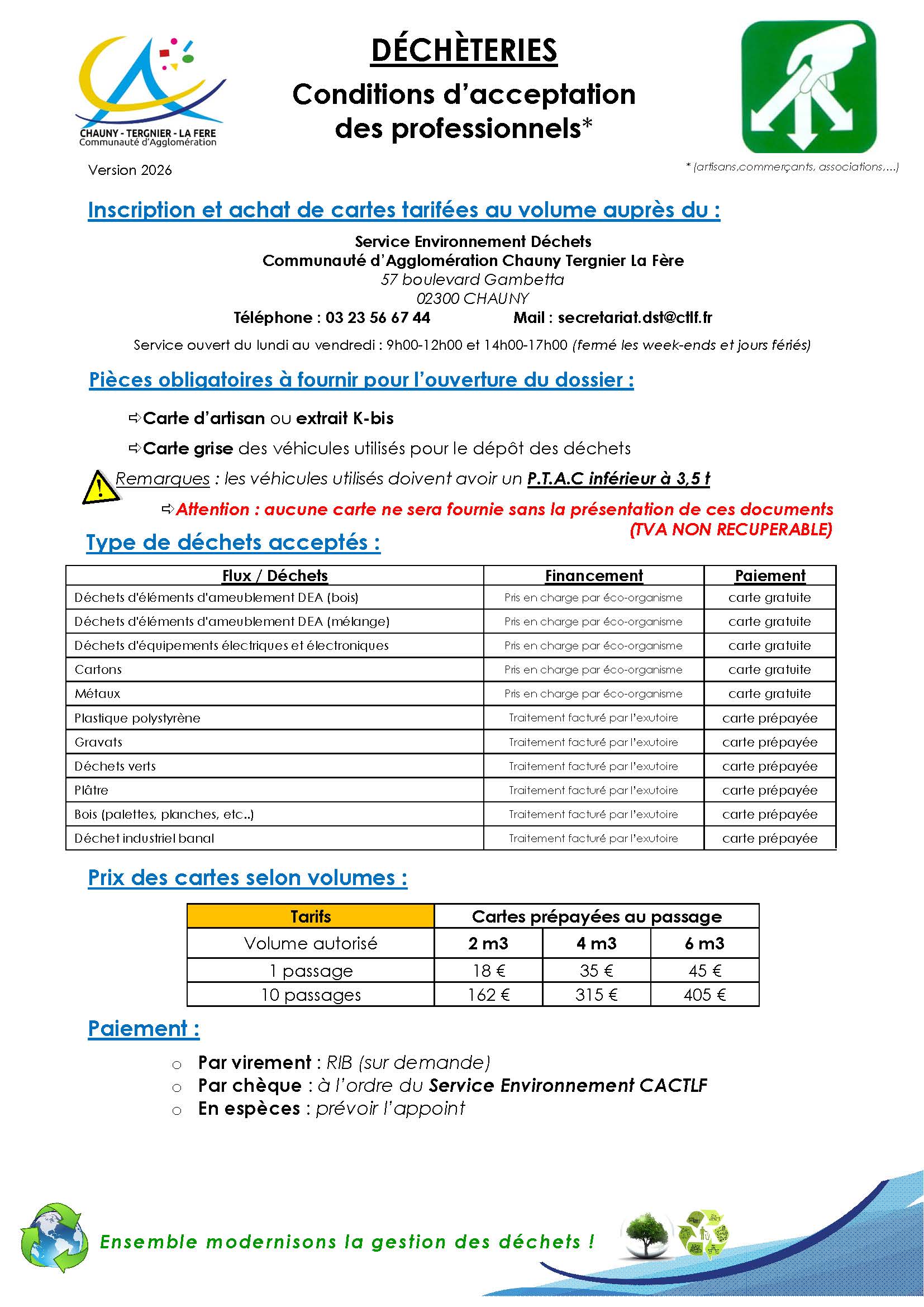 Déchèteries Tergnier Chauny Conditions d’acceptation des pros -V2-0826 - Communauté d'agglomération Chauny Tergnier La Fère Conditions pro 2026 - Communauté d'agglomération Chauny Tergnier La Fère