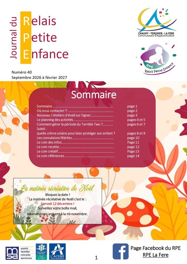 Journal du RPE 40 Septembre 2026 à février 2027 - Communauté d'agglomération Chauny Tergnier La Fère Journal du RPE 40 Septembre 2026 à février 2027 - Communauté d'agglomération Chauny Tergnier La Fère